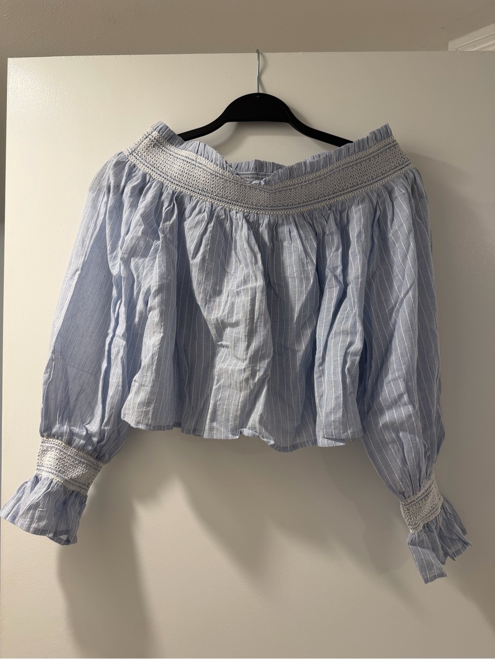 Striped Light Blue Off‑Shoulder Smocked Peasant Blouse